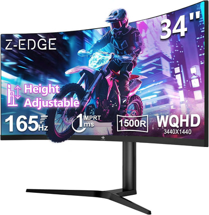 Z-Edge Gaming Monitor Curved 34'', 165Hz, UWQHD(3440x1440), 1ms MPRT, Height & Incline Adjustable, 21:9 with DP Cable, FreeSync, 1500R VA, 300cd/m², 2*HDMI2.0 & 2*DP1.4, RGB, VESA 3.937 * 3.937 * 3.9 937 in