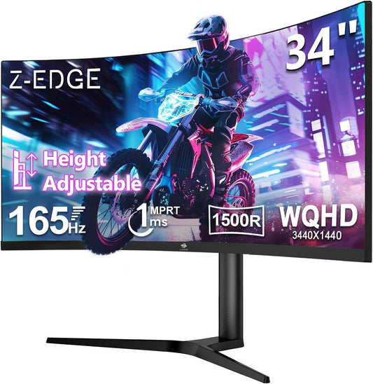 Z-Edge Gaming Monitor Curved 34'', 165Hz, UWQHD(3440x1440), 1ms MPRT, Height & Incline Adjustable, 21:9 with DP Cable, FreeSync, 1500R VA, 300cd/m², 2*HDMI2.0 & 2*DP1.4, RGB, VESA 3.937 * 3.937 * 3.9 937 in