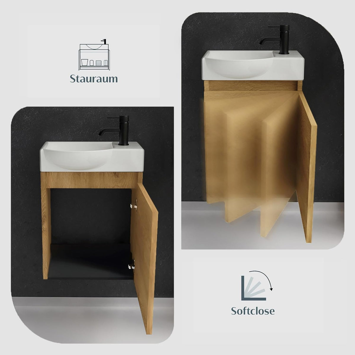 Alpenberger Bathroom Furniture Set, Guest Toilet Sink with Base Cabinet, Bathroom Cabinet for Small Bathrooms, LED Mirror with Light, Basin Cabinet Oak Nature + Left Sink - QUORE