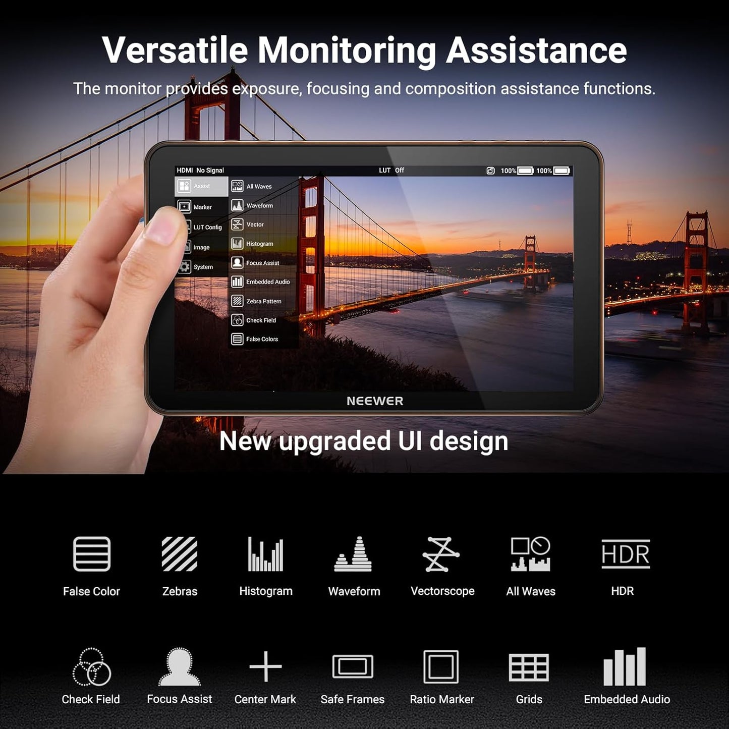 NEEWER F600 7 inch camera veldmonitor, 2400nit HD 1920x1080 IPS-touchscreen met 3D LUT, 4K HDMI-lus/uitgang met Peak Focus DSLR Video Assist HDR-golfvorm, koude schoenhouder, batterij niet inbegrepen