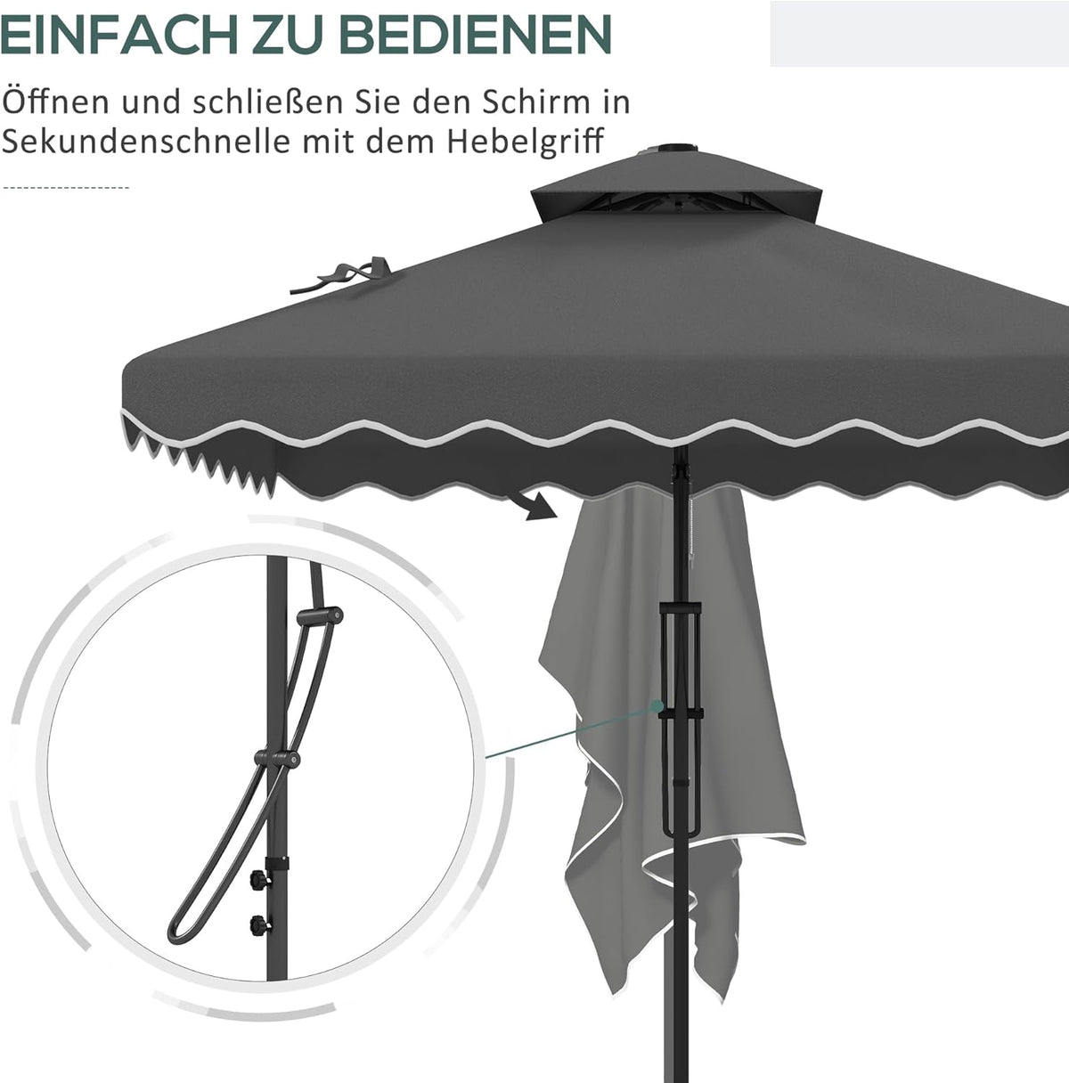 Outsunny Parasol, 243 x 243 cm Balcony Parasol with UV Protection, Floating Parasol with Double Roof, Cross Base, Patio Parasol with Ruffles, 4 Ribs, for Garden, Metal, Dark Grey, Dunkelgrau - QUORE