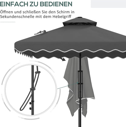 Outsunny Parasol, 243 x 243 cm Balcony Parasol with UV Protection, Floating Parasol with Double Roof, Cross Base, Patio Parasol with Ruffles, 4 Ribs, for Garden, Metal, Dark Grey, Dunkelgrau - QUORE