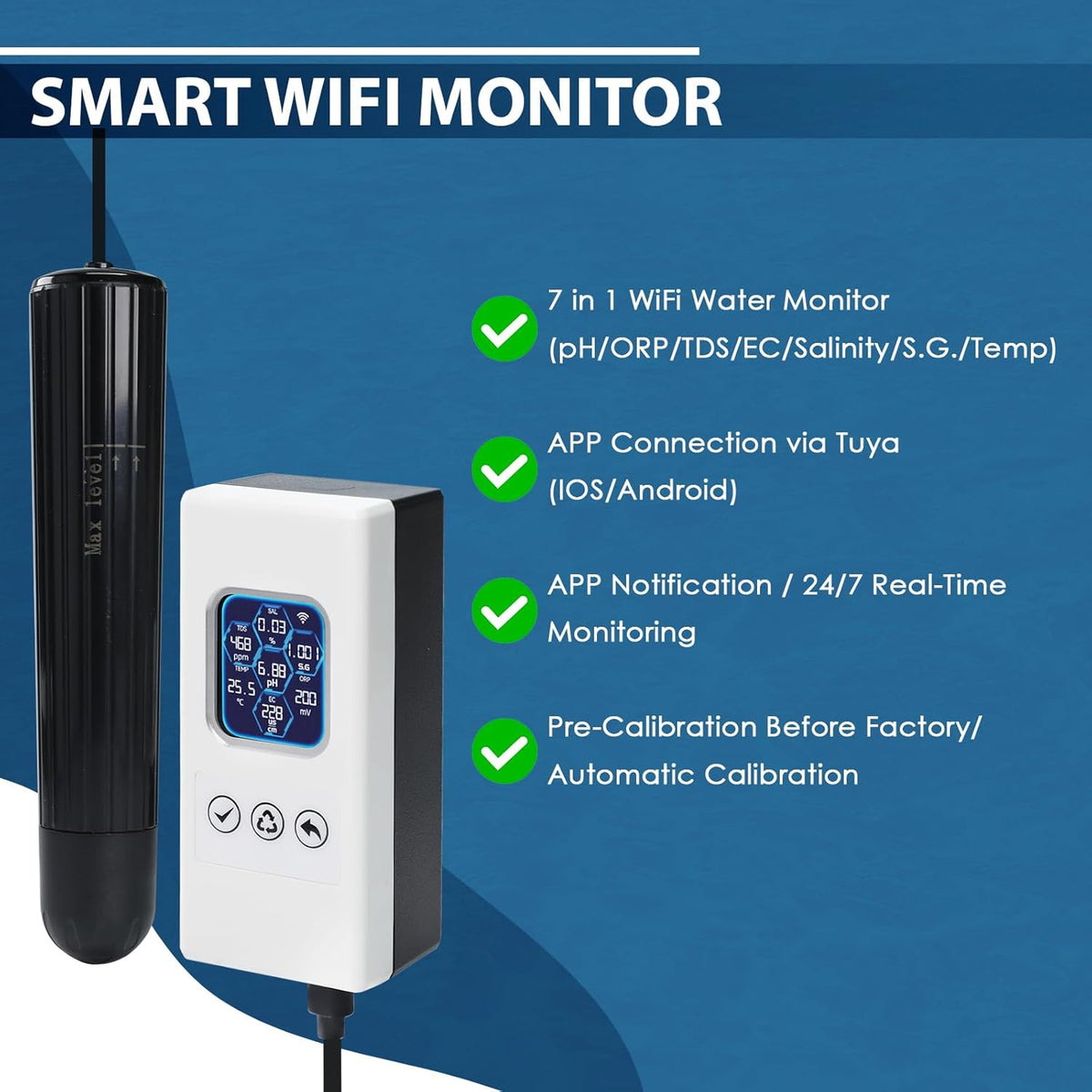 7-in-1 Slimme Waterkwaliteit Tester, Draadloze WiFi Water Monitor Meet pH/ORP/TDS/EC/Zoutgehalte/SG/TEMP, Waterkwaliteitsmeter met App Verbinding en Real-Time Meldingen voor Aquarium, Zoutwater, etc.