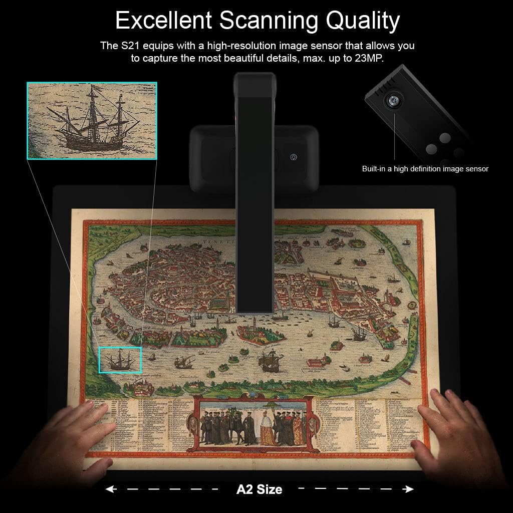 Viisan S21 A2 documentscanner - resolutie 27 MP, perfect voor het snel scannen van grote documenten en boeken. Compatibel met meertalige OCR, Mac en Windows.