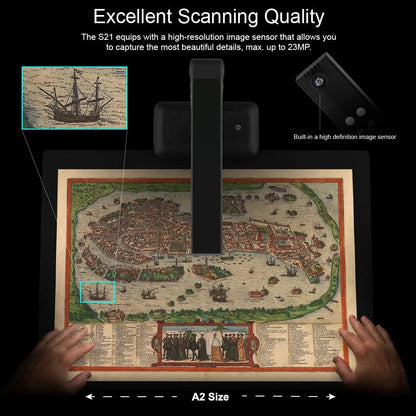 Viisan S21 A2 documentscanner - resolutie 27 MP, perfect voor het snel scannen van grote documenten en boeken. Compatibel met meertalige OCR, Mac en Windows.