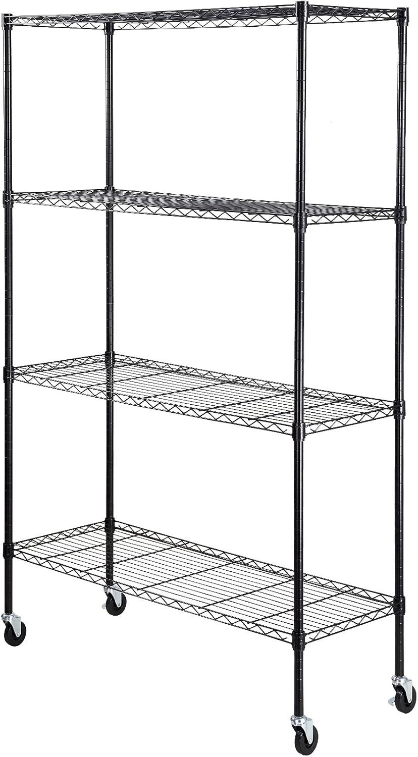VEVOR Opbergrek met wielen, 4-laags verstelbaar, 700 lbs capaciteit, zware garageplanken metalen organizer draadrek, zwart, 47 x 17,7 inch B x 74 inch H voor keuken voorraadkast kelder badkamer