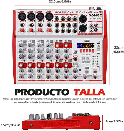 BOMGE 12-Input soundboard Mixer met Mic Preamps en Compressoren, 24DSP, bluetooth, 48V Power, Britse EQ en USB/Audio Interface voor opname, karaoke en podcast. (12M-12 kanaal)