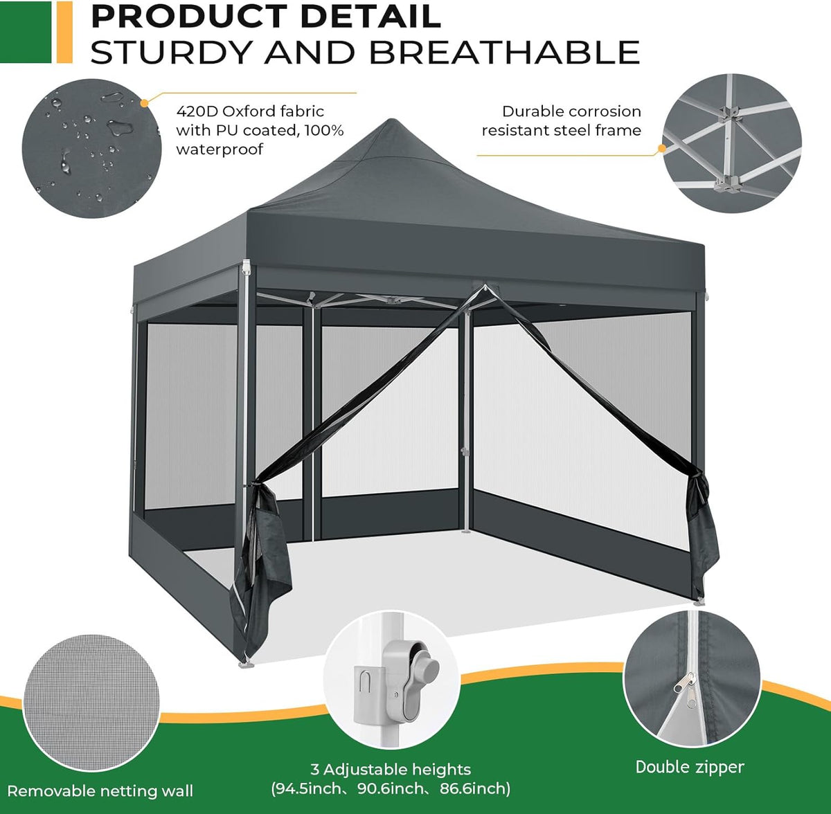 TOOLUCK Heavy Duty pop-up luifeltent met 4 zijwanden, commercieel tuinhuisje, feesttent met klamboe, muur, eenvoudig op te zetten, outdoor instantschermtent voor achtertuin, terras, tuin, grijs