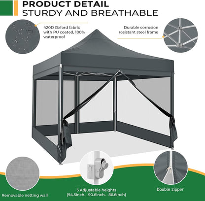 TOOLUCK Heavy Duty pop-up luifeltent met 4 zijwanden, commercieel tuinhuisje, feesttent met klamboe, muur, eenvoudig op te zetten, outdoor instantschermtent voor achtertuin, terras, tuin, grijs