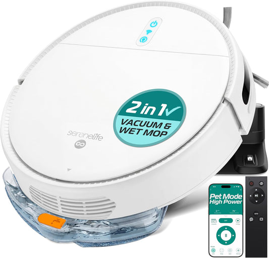 SereneLife Slimme Robotstofzuiger met Dweilfunctie – App-Bediening, 3 Reinigingsmodi, Anti-Valsensoren, Automatisch Opladen, 700Pa Zuigkracht, Ideaal voor Huisdieren, Tapijt & Harde Vloeren –Wit