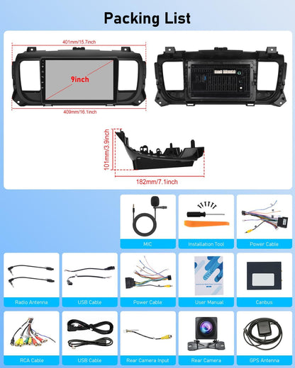 NHOPEEW Android autoradio 2G + 64G voor Citroen Jumpy 3/Peugeot Expert/Toyota Proace 2016-2021 - Draadloze Carplay & Android Auto - Stereo Android 9 inch met WiFi EQ GPS + AHD achteruitrijcamera en