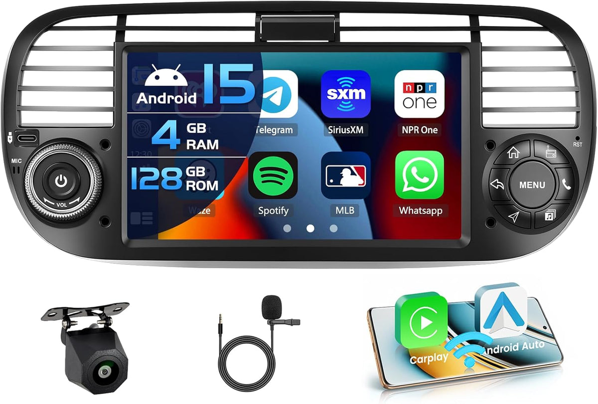 4+128G autoradio voor Fiat 500 2007-2015, Android 15 met 7-inch In-Cell scherm, ondersteunt draadloze CarPlay en Android Auto, Mirror Link, FM/RDS-radio, GPS, wifi, Bluetooth en SWC.