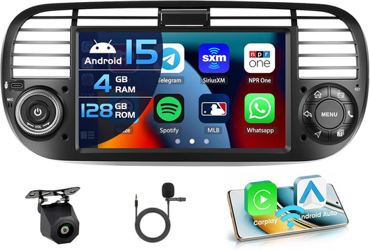 4+128G autoradio voor Fiat 500 2007-2015, Android 15 met 7-inch In-Cell scherm, ondersteunt draadloze CarPlay en Android Auto, Mirror Link, FM/RDS-radio, GPS, wifi, Bluetooth en SWC.