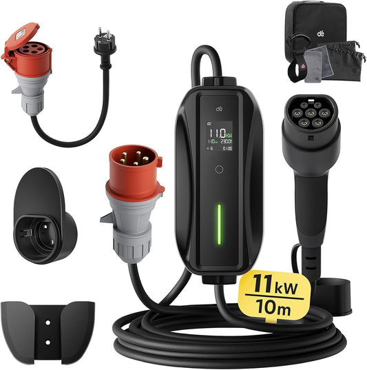 dé EV Charger Type 2 11kW [10m, 3-Fase, 6-16A] Laadpaal 11kW 3 Fase met instelbaar laadvermogen, Mobile Wallbox voor model Y/3, ID.3/4/5, Enyaq, EX30/XC40, Niro en Andere EV&PHEV
