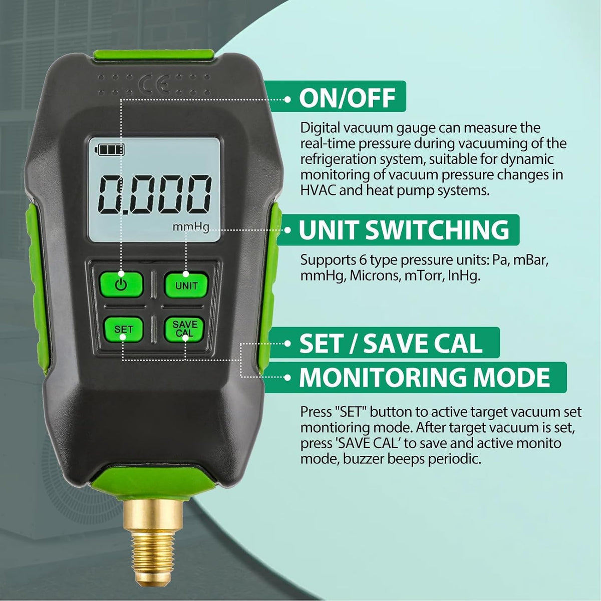 Digitale Vacuümmeter, 0-10.000 Pa HVAC-micronvacuümmetertester met Display met Achtergrondverlichting, Digitale Vacuümmicronmeterset voor Atmosferische Omgevingen
