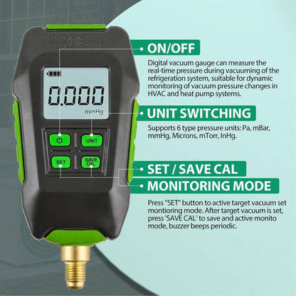 Digitale Vacuümmeter, 0-10.000 Pa HVAC-micronvacuümmetertester met Display met Achtergrondverlichting, Digitale Vacuümmicronmeterset voor Atmosferische Omgevingen