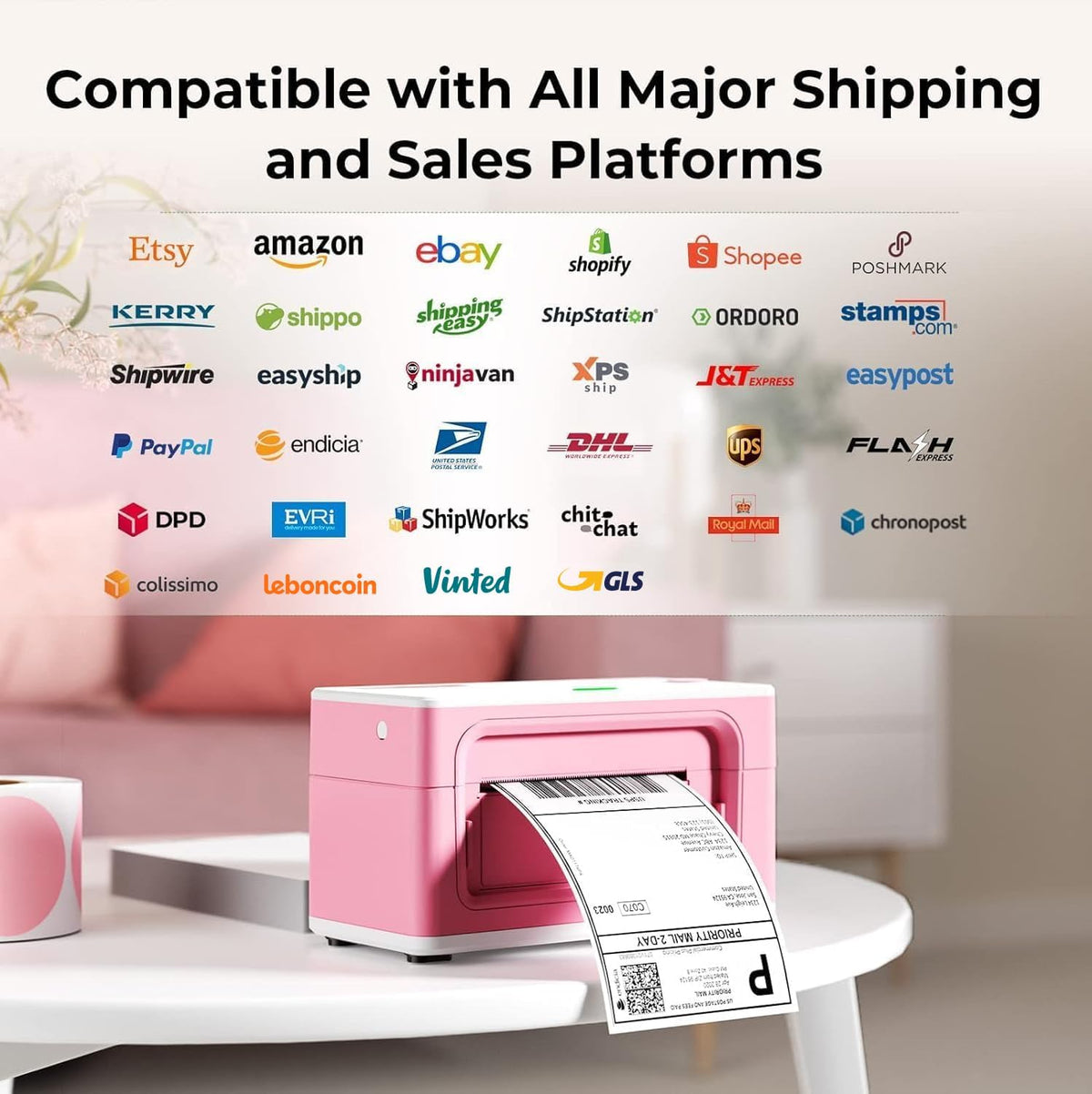 MUNBYN Bluetooth Thermische Printer Labelprinter 4x6 DHL UPS GLS Verzendlabels Label Maker voor verzendpakketten Compatibel met Ebay Amazon Etsy Shopify, Roze