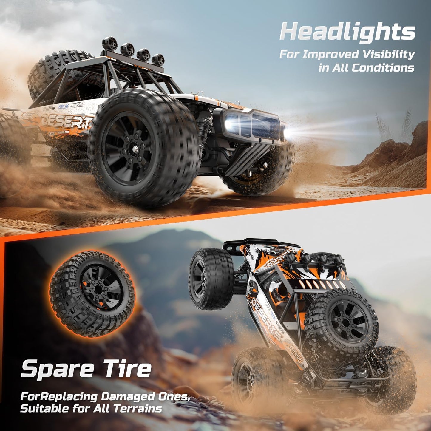 DEERC afstandsbedieningsauto op schaal 1:10 voor volwassenen en jongens, 48 km/u 4x4 RC monstertruck met verlichting, 2 batterijen voor 30 minuten speelplezier, 2,4 GHz terreinwagen RC