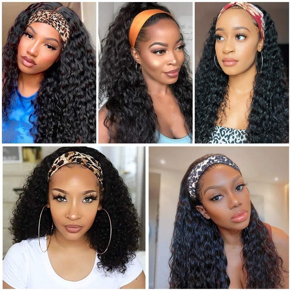 Pruik met haarband – Braziliaanse pruik – Hoofdbandpruik – Menselijk haar pruik – Pruik zonder lijm – 100% Echt Remy Mensenhaar – 66 cm, 150%, Krullend, Natuurlijke Kleur