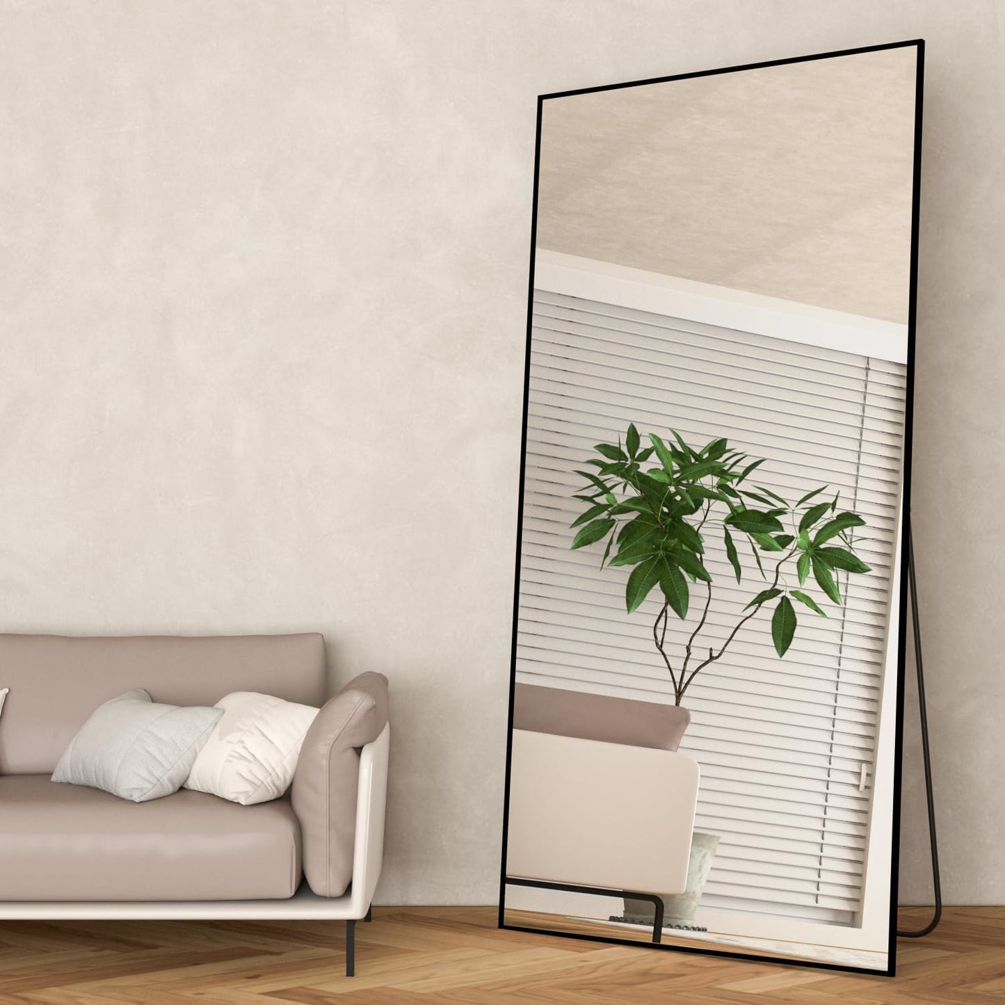 CASSILANDO 180 x 80 cm staande spiegel, zwarte vloer grote, staande spiegel, tegen muur voor slaapkamer, bekleding en aan de muur bevestigde dunne lijst, zwart