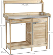 Oppottafel - Tuinwerktafel - Plantentafel -Tuinwerkbankje - met Gegalvaniseerd Werkblad - met Lade - Kast - Massief Hout - 112 x 45 x 125 cm - Natuurlijk Hout
