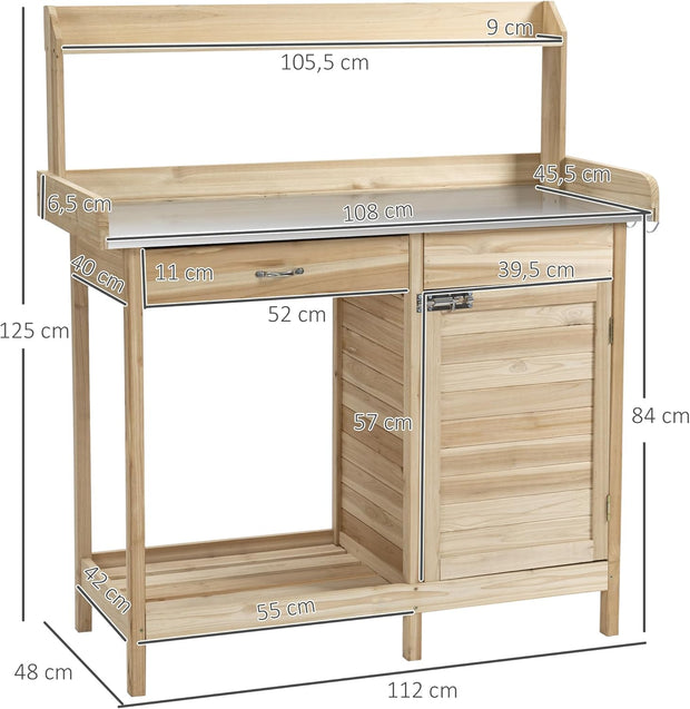 Oppottafel - Tuinwerktafel - Plantentafel -Tuinwerkbankje - met Gegalvaniseerd Werkblad - met Lade - Kast - Massief Hout - 112 x 45 x 125 cm - Natuurlijk Hout