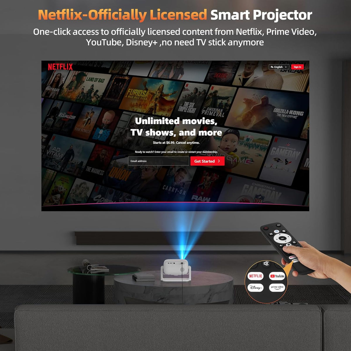 Bettdow Netflix Official 4K beamer, 1080p volledig verzegelde smart-projector, autofocus/trapeziumcorrectie, videobeamer met WiFi6 en Bluetooth 5.2, projector thuisbioscoop, wit