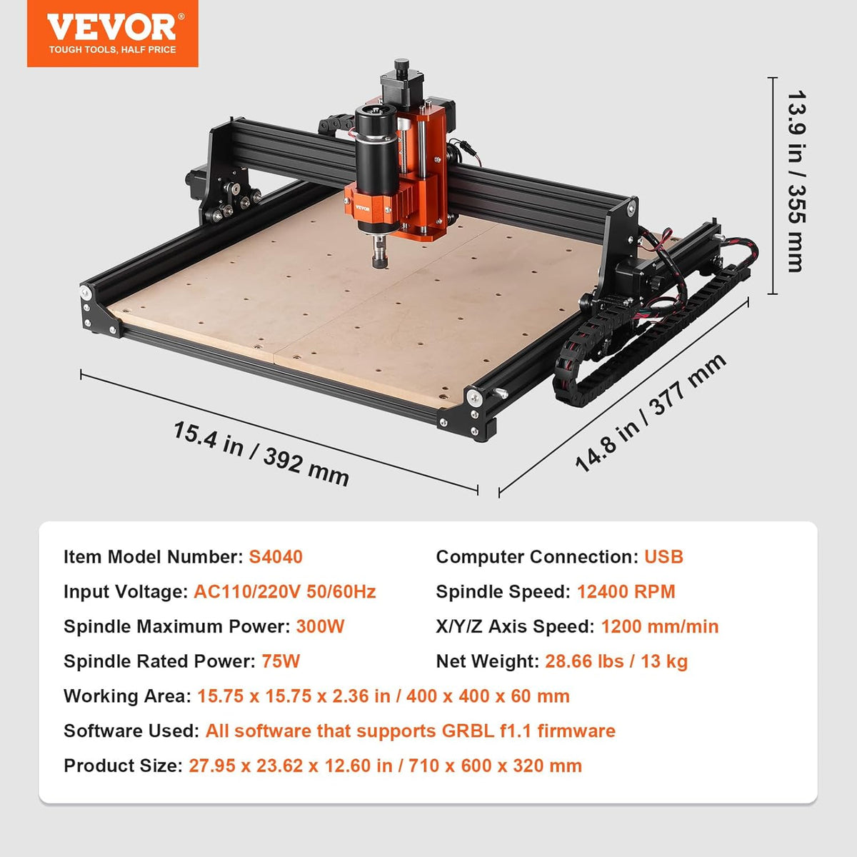 VEVOR - CNC-freesmachine, 300 W, 3 assen GRBL besturing van hout voor gravure, 400 x 400 x 75 mm, 15,7 x 15,7 x 2,95 inch in werkbereik, 12000 omw/min voor acrylhout MDF