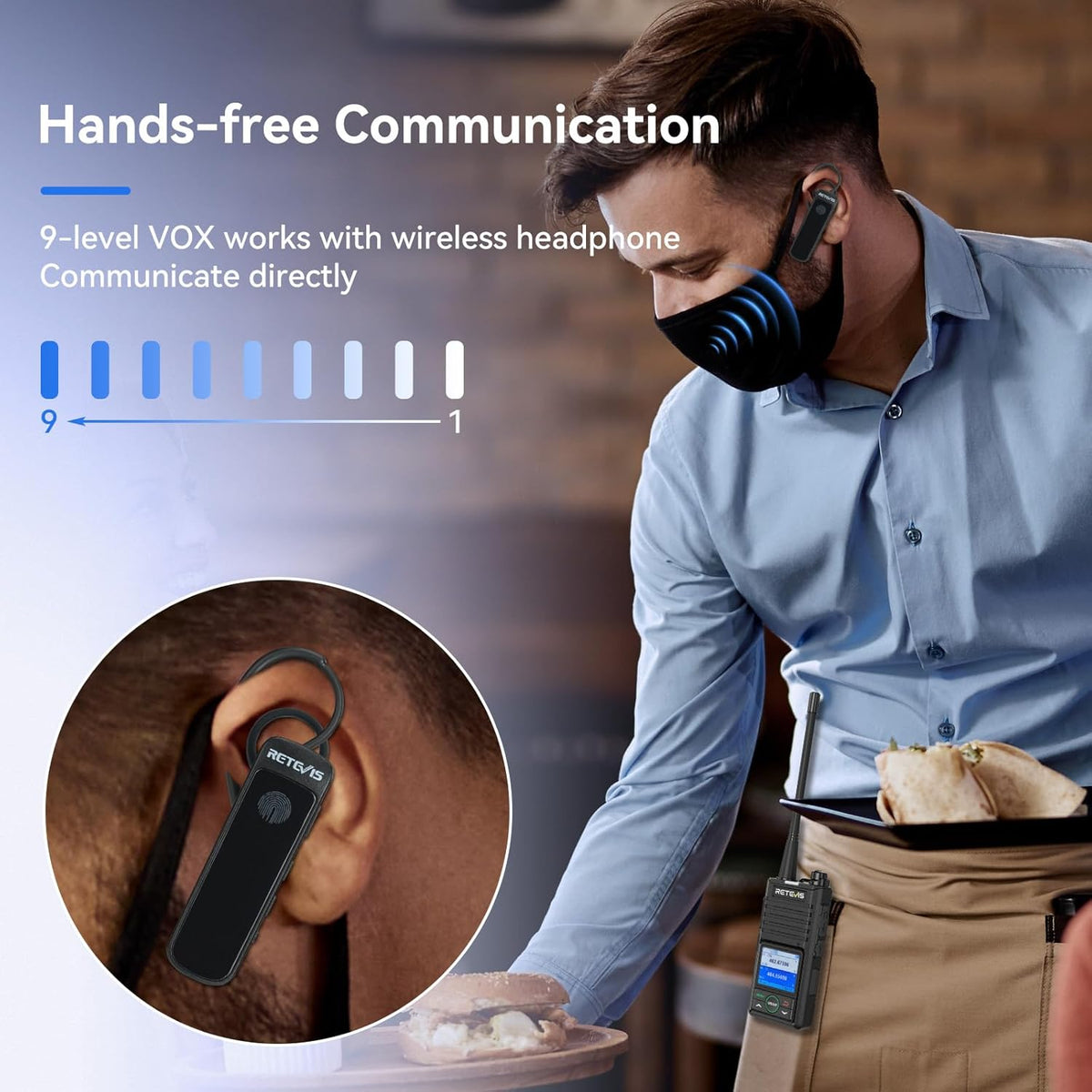 Retevis RB658 Walkie Talkie Bluetooth, APP-instelling, Groepsgesprek, 1800 mAh, USB C, IP54, Draadloze Kloon, Walkie Talkie met draadloze oortelefoon voor de detailhandel (4 Pack, Zwart)