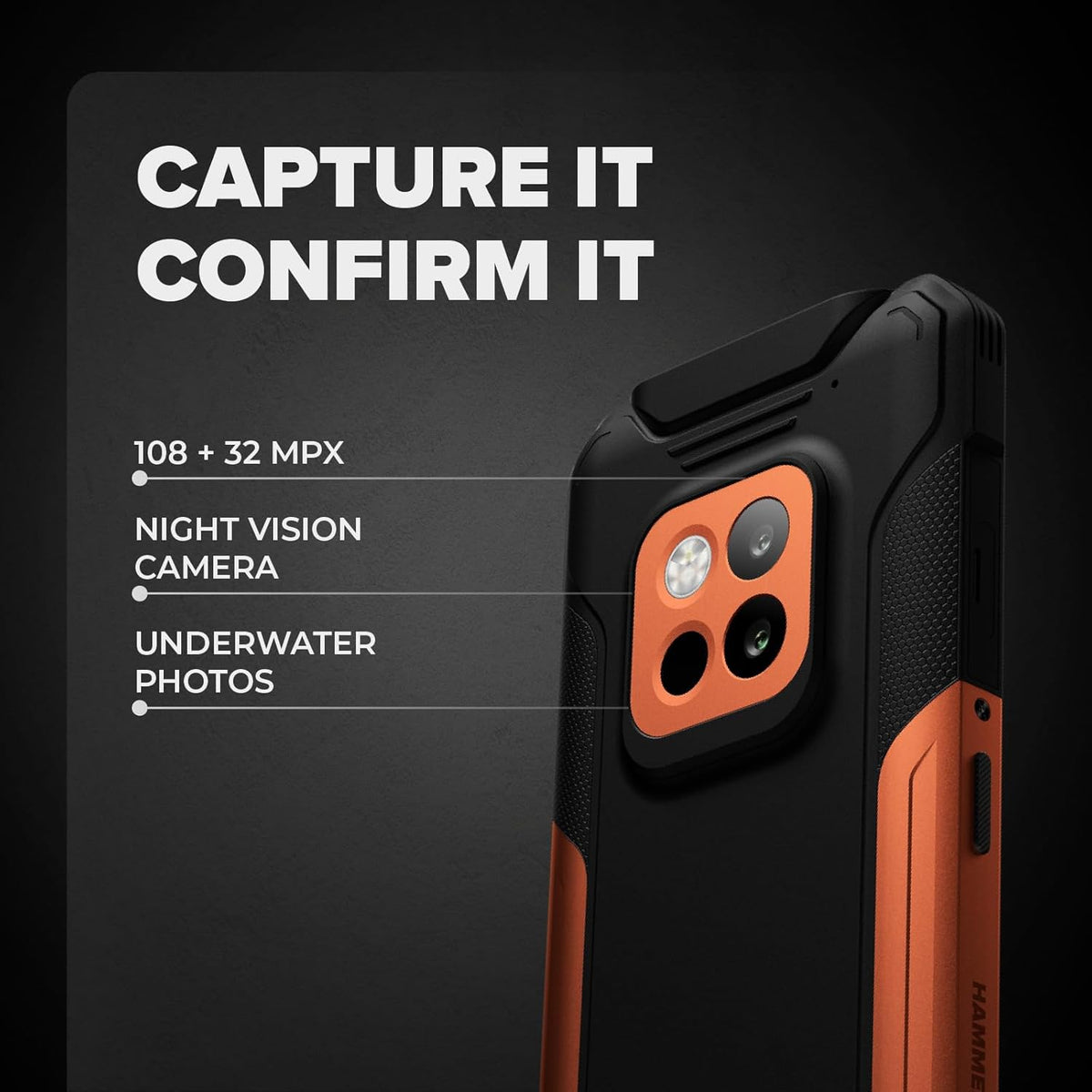 Hammer Construction 2 Thermal Smartphone met thermometer en laserafstandsmeter, 8 + 8 GB RAM, Android 14, krachtige 108 MP camera, 6500 mAh batterij met powerbank-functie, 256 GB/1T