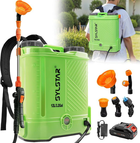 SYLSTAR Battery Powered Sprayer 12L, 5.5Bar Pressure Sprayer Compatible with Makita 18V Battery, Sprayer with 5 Nozzles, Telescopic Handle, for Garden and Lawn - QUORE