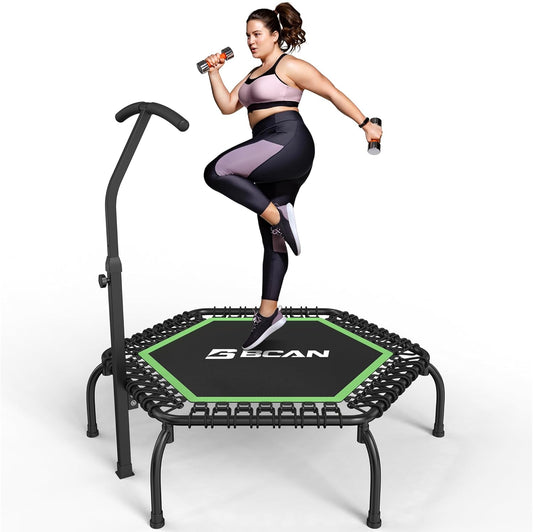 BCAN Fitness Trampoline Indoor Ø 122/130 cm, Trampoline voor Volwassenen tot 204/250 kg, Bodemtrampoline met Verstelbare T-Stang & Elastieke Koorden, Stil en Trillingsarm