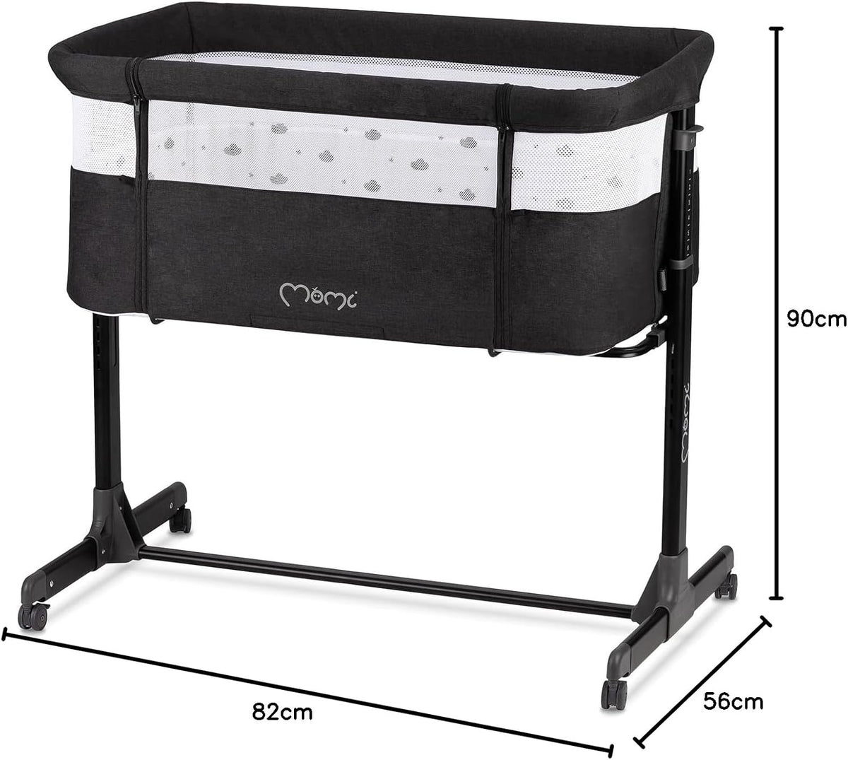 Momi Revo Multifunctionele bijzet- en kinderbed, 6-traps in hoogte verstelbaar van 72 tot 82 cm, met wielen, incl. matras, bevestigingsriemen, insectenbescherming en beugel met speelgoed