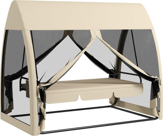 Outsuuny 2 in 1 Hollywoodschaukel mit Liegefunktion 3-Sitzer Gartenschaukel mit Baldachin, Mückennetz, Schaukelbank belast bis 300 kg, Gartenliege für Garten, Terrasse, 240 x 140 x 197 cm, Kaffee - QUORE