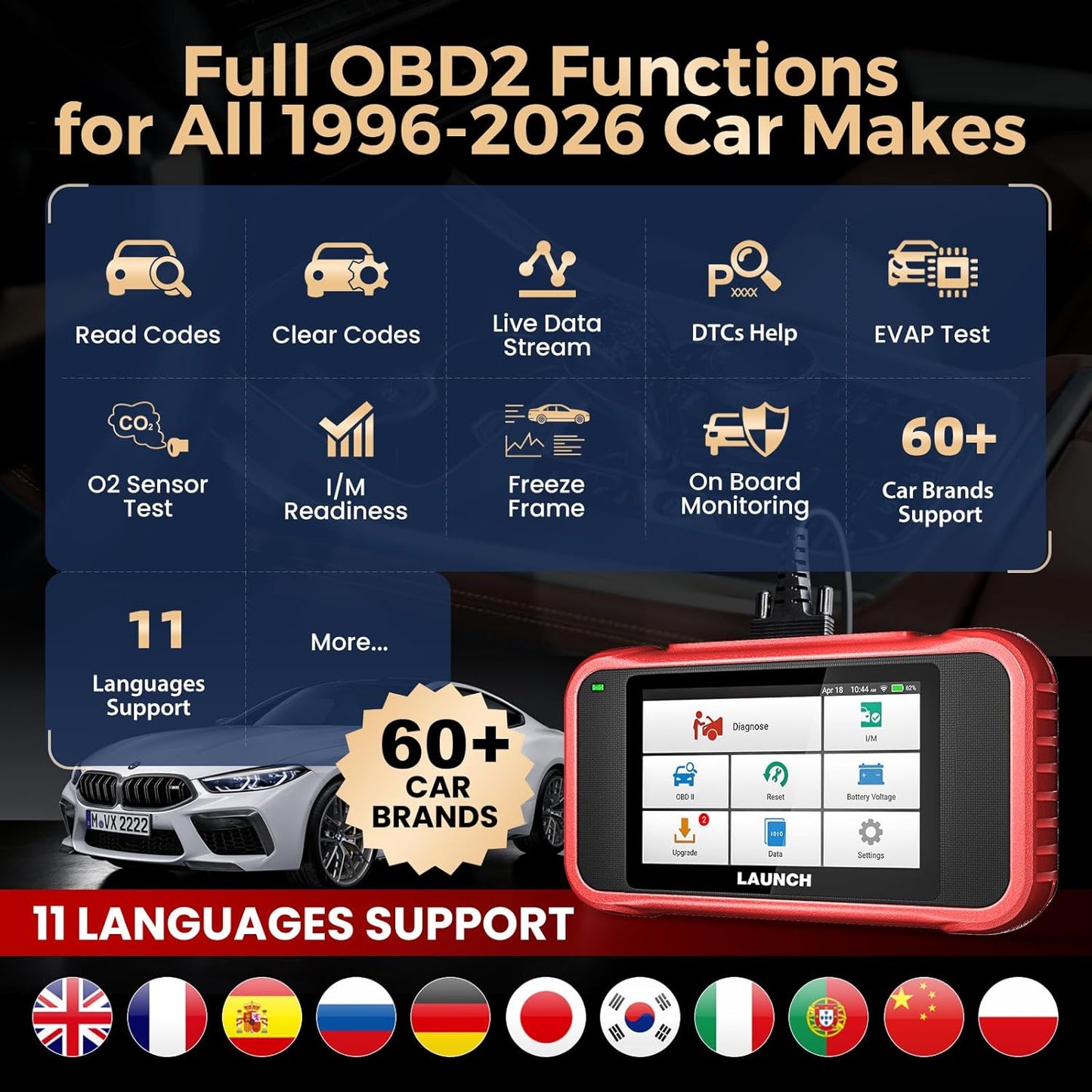 Launch CRP123E V2.0 OBD2 diagnostische apparaat auto uitlezing auto Code Reader voor motor, ABS, SRS, automatische transmissie, 7 resets: ABS ontlucht/olie/SAS/gasklep/PF/EPB etc