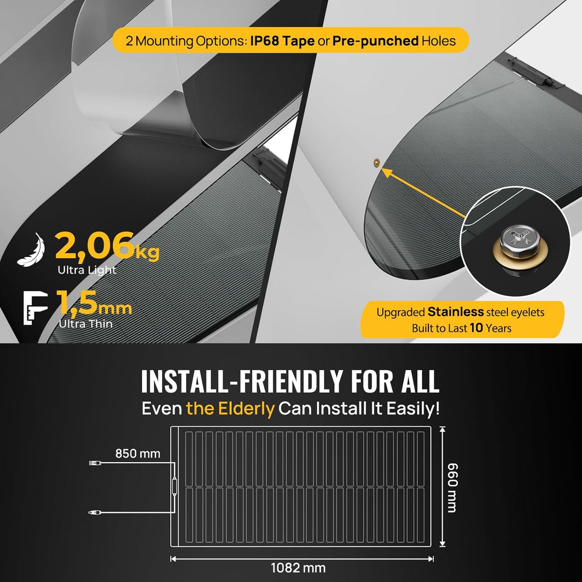 BougeRV CIGS Flexibel zonnepaneel, 100 W, 12 V, 360 graden ETFE IP68, fotovoltaïsch paneel, off-grid voor 12 V batterijen, caravan, camper, auto, boot, jacht, marine, oneffen oppervlakken
