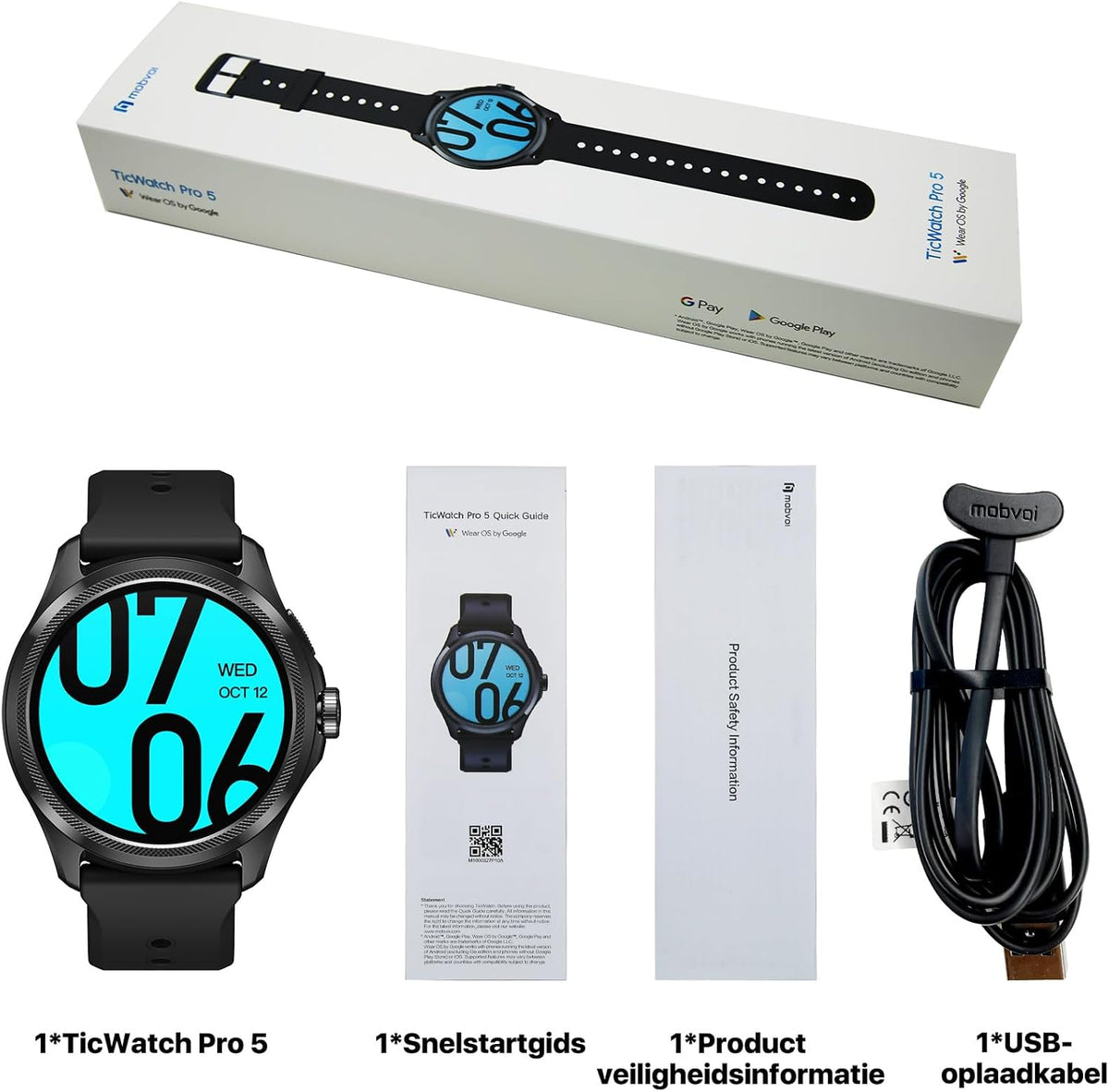 TicwatchPro 5 Android Smartwatch voor heren Snapdragon W5+ Gen 1 Platform Wear OS Smart Watch 80 uur batterijduur Gezondheid Fitness Tracking Ingebouwde GPS 5ATM Waterbestendigheid Kompas Eén maat