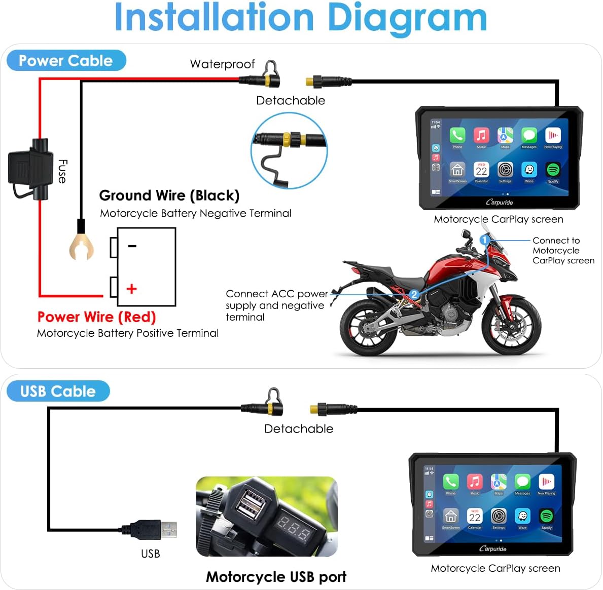 Carpuride W702 Pro motorfiets Carplay scherm met intercomfunctie, draadloze CarPlay en Android auto, draagbaar waterdicht 7 inch touchscreen, verbeterde dual bluetooth, navigatie, kompas.