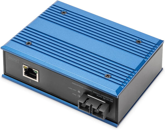 DIGITUS industriële Gigabit mediaconverter - 1x RJ45, 1x SC-Duplex 1310nm -Singlemode glasvezel - 20 km bereik - 10/100/1000 Mbps - DIN rail montage - zwart/blauw