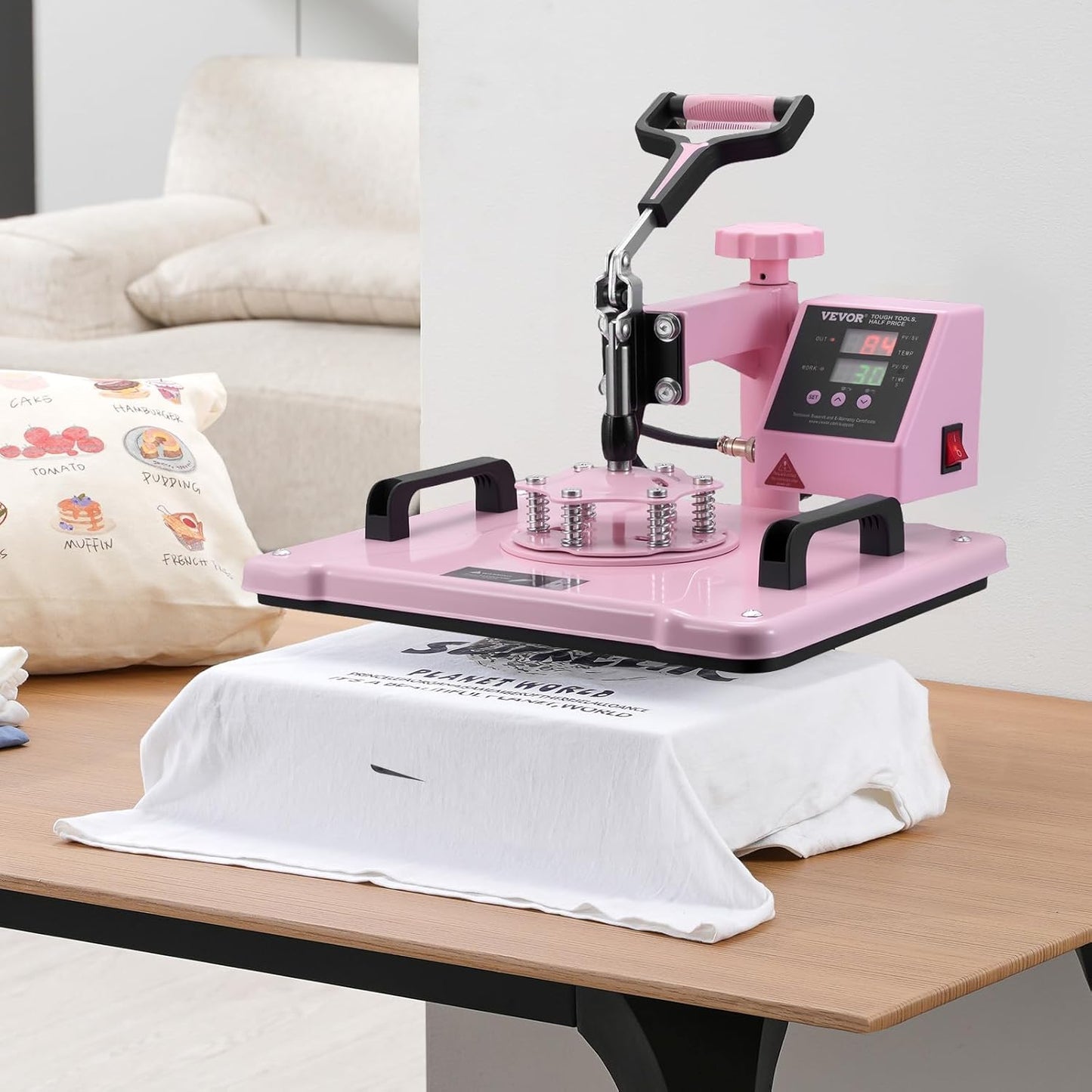VEVOR 5-in-1 hittepers, dienblad 30 x 38 cm, textielsublimatiemachine met 89 cl bekerpers, 360 graden draaibaar, nauwkeurige digitale bediening, doe-het-zelf T-shirts/hoeden/kopjes/borden, roze