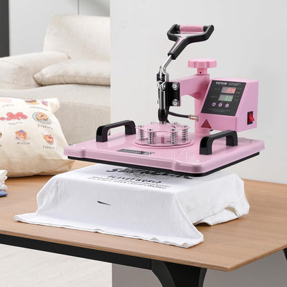 VEVOR 5-in-1 hittepers, dienblad 30 x 38 cm, textielsublimatiemachine met 89 cl bekerpers, 360 graden draaibaar, nauwkeurige digitale bediening, doe-het-zelf T-shirts/hoeden/kopjes/borden, roze
