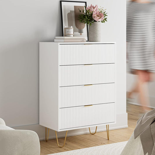 Ladecommode, houten 4 laden kast opbergorganizer, hoge hoogglans ladekast met gouden metalen poten voor slaapkamer, woonkamer, kast, hal, wit