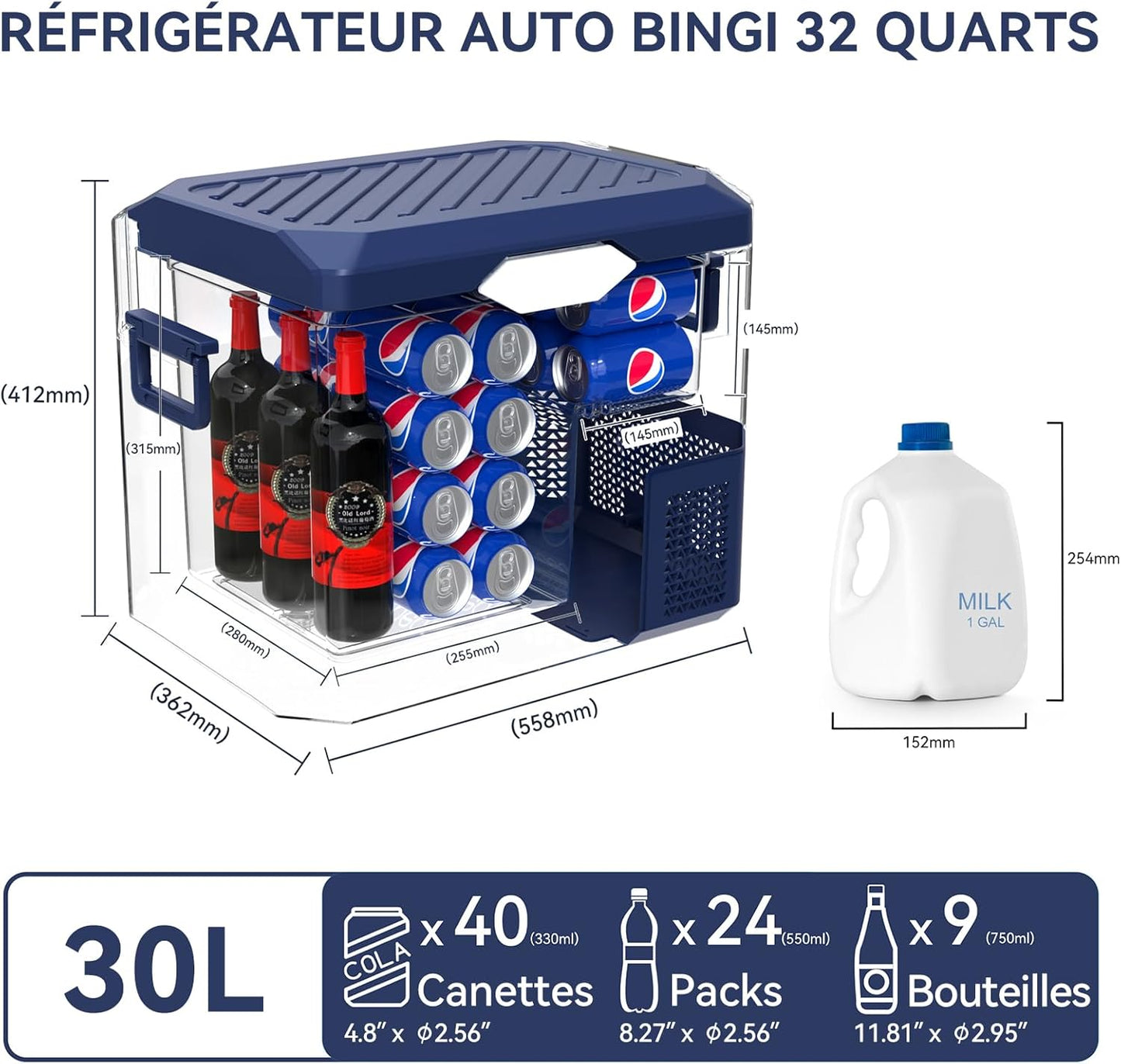 BINGI Compressor Koelbox, 30 Liter Draagbare Auto Koelkast, 12/24 V DC en 230 V AC voor Auto, Vrachtwagen, Camping, Camper en Stopcontact