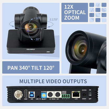 FEELWORLD UHD4K12X PTZ camera Simultaneous 3G-SDI/HDMI/USB/IP Live Streaming met 12X Optical Zoom 4K @30fps PoE Ondersteuning voor Church Live Streaming Conference (in het Engels)
