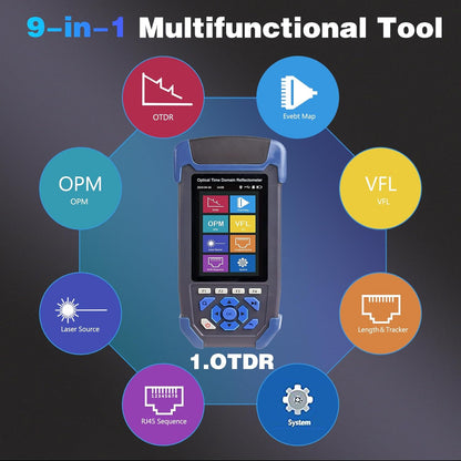 OTDR-Meetapparaat Vezel Optisch Kabel 9-in-1 Multifunctioneel 1310/1550nm 24/22dB 60KM Tijddomein Reflectometer VFL OPM OLS