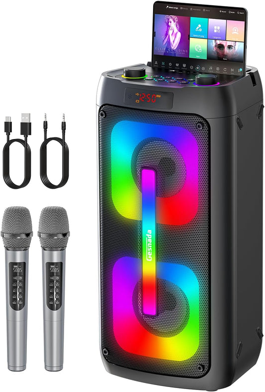 Karaokemachine voor Volwassenen – Draagbare Speaker – Bluetooth Speaker – PA-Systeem – Karaokeset – 60W Krachtig Geluid – 2 Draadloze Microfoons & RGB-Discolampen