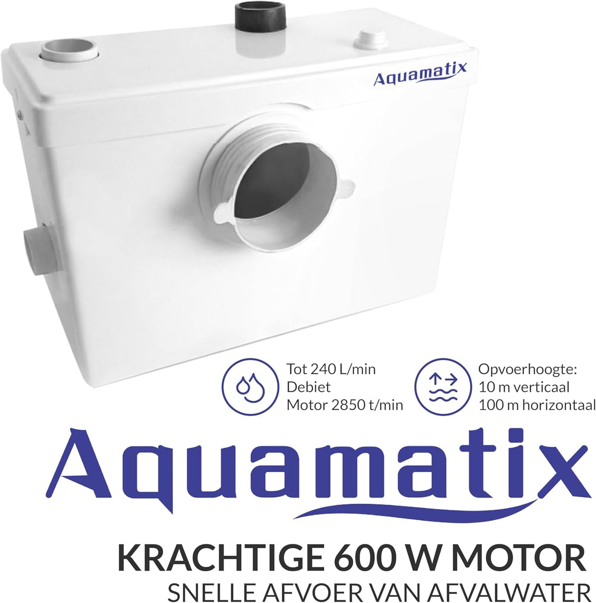 Aquamatix compacte hefinstallatie 600 W met vermaler, afvalwaterpomp tot 10 m opvoerhoogte, met 3 inlaten, voor WC, douche en wastafel