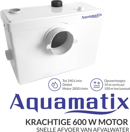 Aquamatix compacte hefinstallatie 600 W met vermaler, afvalwaterpomp tot 10 m opvoerhoogte, met 3 inlaten, voor WC, douche en wastafel