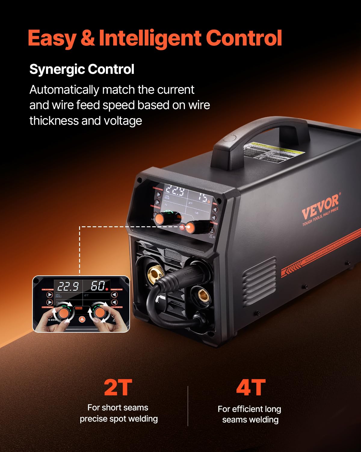 VEVOR MIG Welding Machine, 200 A, Syergetic Welding Machine, Portable MIG Gas Free 5-in-1 Gas Free Welding Machine, with IGBT Inverter Technology, LCD Display, TIG Lift Flashlight Not Included