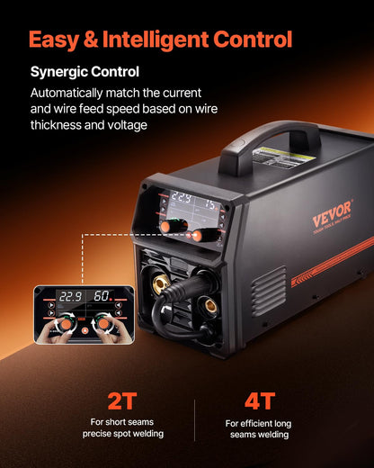 VEVOR MIG Welding Machine, 200 A, Syergetic Welding Machine, Portable MIG Gas Free 5-in-1 Gas Free Welding Machine, with IGBT Inverter Technology, LCD Display, TIG Lift Flashlight Not Included